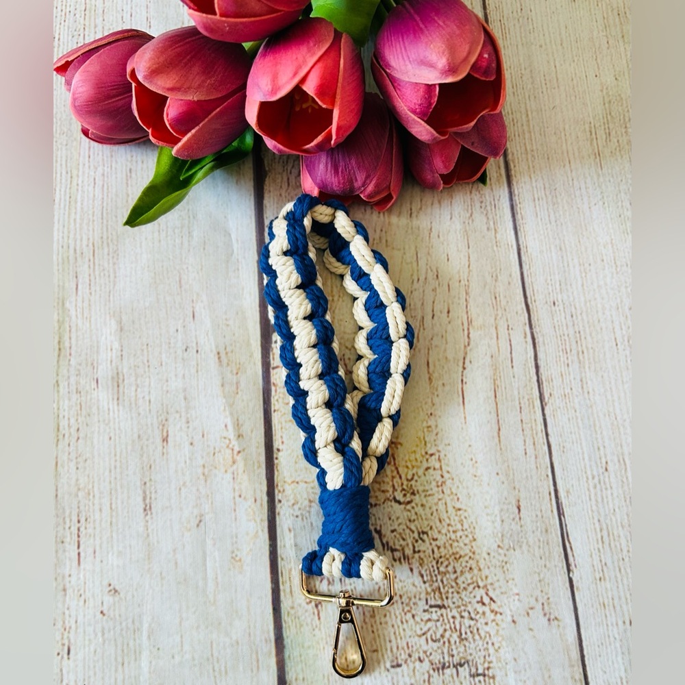 Handwoven Blue / White Boho Macrame Crochet Wristlet / Keychain NEW